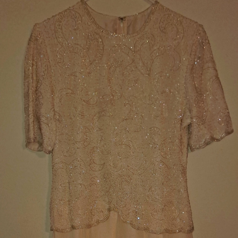 Simple beaded Wedding/Occasion dress w/hose & garter - never worn. Vintage.